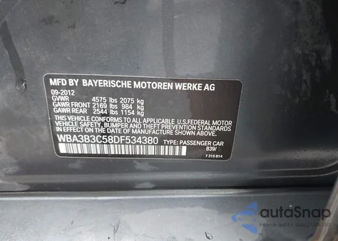 2013 BMW 328I xDrive из США, поврежденный, VIN WBA3B3C58DF534380